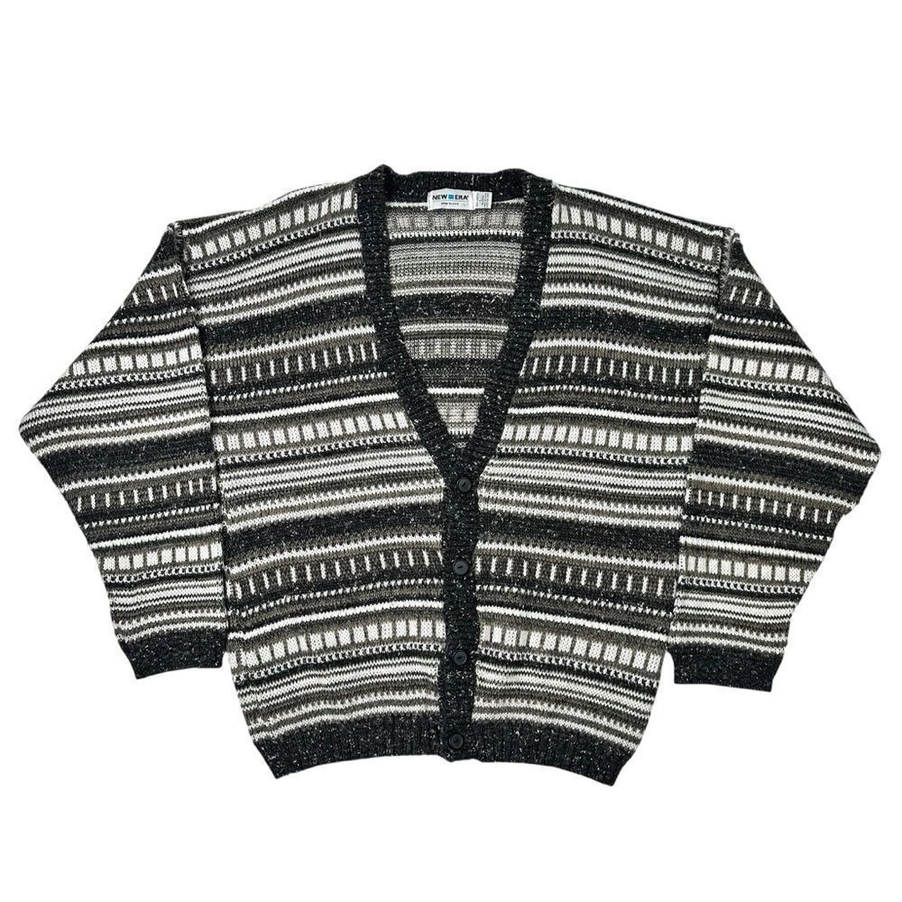 Vintage New Era Sweater Size Large Grey Patterned Cardigan Button Up Grandpa 90s